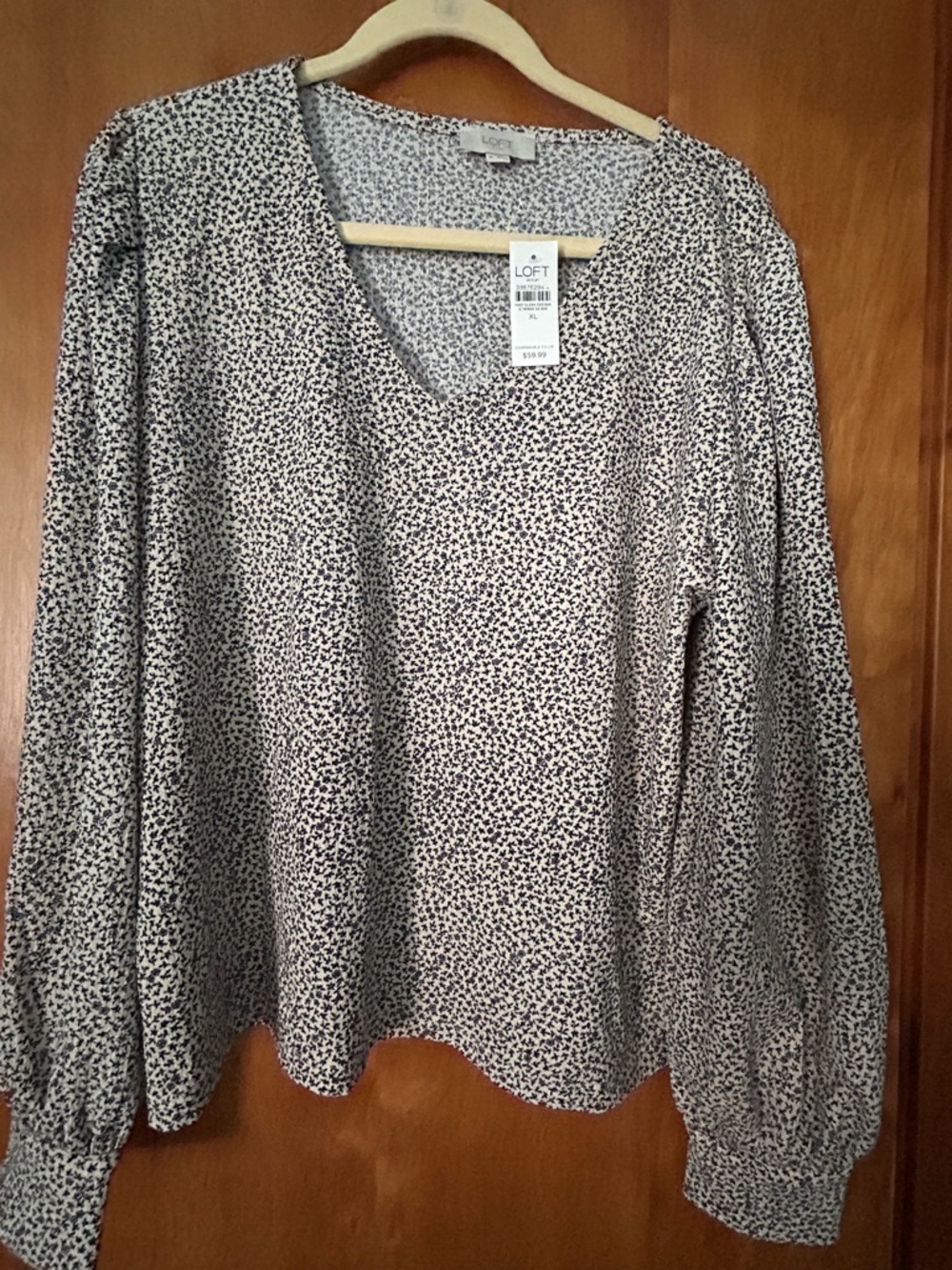 LOFT Cream and Black Printed V-Neck Long Sleeve Top